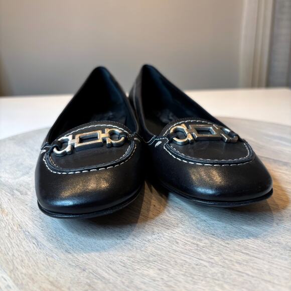 Salvatore Ferragamo Black Leather Gancini Loafers 7.5 B Italy Stitch Flats - Picture 5 of 11